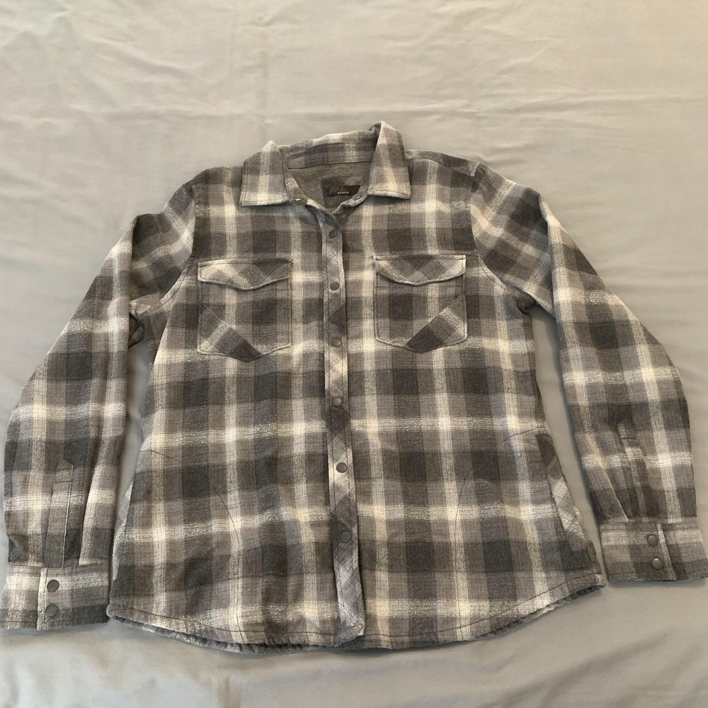 PrAna Jacket Womens Large Gray Plaid Flannel Snap Front Pockets Organic Cotton